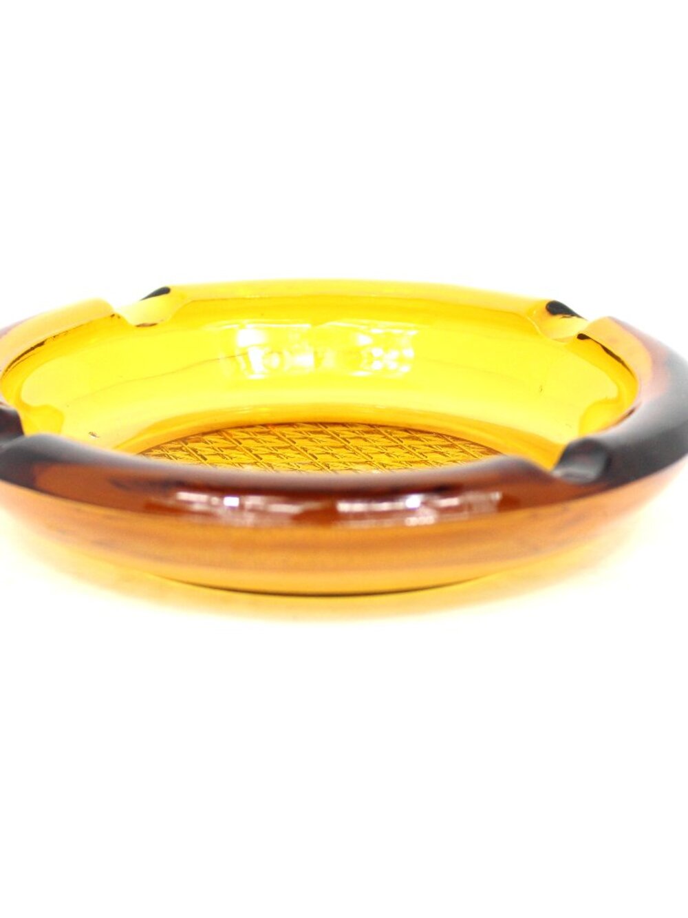 AMBER GLASS ROUND CROSSHATCH PATTERN ASHTRAY CIGARETTE/CIGAR MID-CENTURY MCM VTG